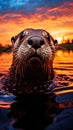 Enchanting Encounter: Closeup of a Beautiful Otter\'s Reflective Eyes and Lustrous Fur by the Serene Waters at Sunset