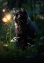 Enchanting Encounter: A Fluffy Black Kitten in a Glowing Forest