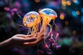 Enchanting Encounter: Scuba Divers Hand Reaches for Bioluminescent Jellyfish in Vibrant Underwater Royalty Free Stock Photo