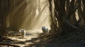 Enchanting Encounter: Wolves Journeying Through Sunlit Forest Path