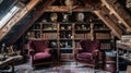 Enchanting Escape: Attic Room Turned Cozy Reading Nook with Deep Burgundy Velvet Armchairs and Exposed Beams