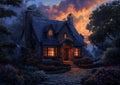 Enchanting Evening Glow: A Pathway to a Charming Forest Cottage