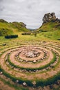 In the enchanting Fairy Glen of Uig, a symmetrical composition unfolds with stone circles as its centerpiece. Mysterious and