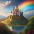 Enchanting fairytale castle on a hill with a rainbow in the background Magical and dreamy illustration for fantasy or childrens