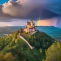 Enchanting fairytale castle on a hill with a rainbow in the background Magical and dreamy illustration for fantasy or childrens