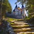 An enchanting fairytale castle perched on a hill with a winding staircase3, Generative AI