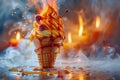 Enchanting Fantasy Ice Cream Cone with Magical Fire Background and Sparkling Effects in a Whimsical Dreamy Setting