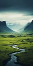 Enchanting Fantasy Landscape: A Dark Blue Mist Over A Green Valley