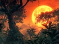 Enchanting Fantasy Landscape with Majestic Trees, Lush Foliage, and a Giant Moon Illuminating the Vibrant Red Sky Ideal for