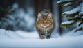 Enchanting Feline: A Snowy Walk through the Deep Forest with a Piercing Gaze and Whiskers of an Overlord