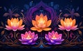 lotus flowers with lit candles on a dark background, in the style of intricate psychedelic landscapes