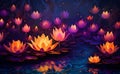 2d game art with luminous atmosphere,lotus and night lily, in the style of detailed backgrounds