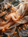Enchanting Festive Fabric and Pine Branches with Warm Glowing Fairy Lights Cozy Christmas Background