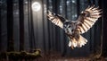 Swift Grey Brown Owl Soaring through Moonlit Fairytale Woods