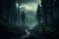 Enchanting fog Mist magic in a dark forest, mysterious ambiance