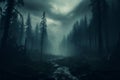 Enchanting fog Mist magic in a dark forest, mysterious ambiance