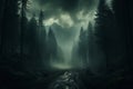 Enchanting fog Mist magic in a dark forest, mysterious ambiance