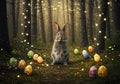 Enchanting forest bunny surrounded by colorful easter eggs and glowing fairy lights Royalty Free Stock Photo