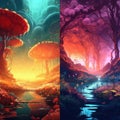 Enchanting forest with mushroom-shaped trees. Imagination, magic, whimsical landscape and fantasy concept. Diptych illustration