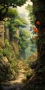 Enchanting Forest Path With Anime Art Style And Mountainous Vistas