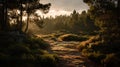 Enchanting Forest Path Bathed in Golden Sunlight and Mystical Atmosphere Royalty Free Stock Photo