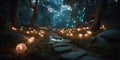 An enchanting forest path illuminated by floating, glowing orbs, inviting the viewer to explore the unknown, concept of
