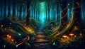 An enchanting forest scene with a fox gazing at a magical path lined with glowing mushrooms . Royalty Free Stock Photo