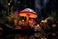 Enchanting forest scene with glowing mushroom in magical ambiance featuring wizardly background