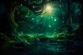 Enchanting forest scene illuminated by a mystical emerald light. Fairy tale outdoor background Royalty Free Stock Photo