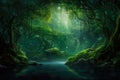 Enchanting forest scene illuminated by a mystical emerald light. Fairy tale outdoor background Royalty Free Stock Photo