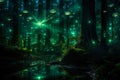 Enchanting forest scene illuminated by a mystical emerald light. Fairy tale outdoor background Royalty Free Stock Photo
