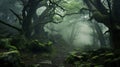 Enchanting forest shrouded in mist. Generative ai