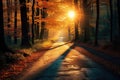 Enchanting Forest Sunset Pathway Leading to the Sun\'s Radiance in Nature\'s Embrace. created with Generative AI Royalty Free Stock Photo