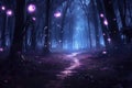 Enchanting forest teeming with fireflies, night ambiance, gentle purple radiance, Generative AI