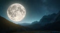 An enchanting forest valley basks under a giant moon, with stars twinkling in the sky, creating a scene of magical Royalty Free Stock Photo