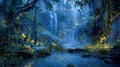 Enchanting forest waterfall illuminated by countless glowing fireflies creating a magical nighttime atmosphere over a serene Royalty Free Stock Photo