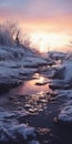 Enchanting Frozen Landscape: Backlit Stream With Icy Rocks And Trees