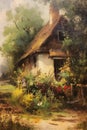 Enchanting Garden Cottage: A Fairytale-Inspired Antique Oil Painting