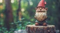 Enchanting garden gnome in lush spring forest, green blurred background with text space