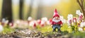 Enchanting garden gnome in spring forest, vibrant green backdrop with space for text