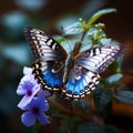 Enchanting garden scene close up of a butterfly on blue flowers