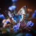 Enchanting garden scene close up of a butterfly on blue flowers