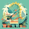 Enchanting Garden Scene: Floral Fantasy Meets Prehistoric Charm