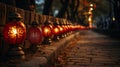 Enchanting Glow: Vibrant Red Lanterns Illuminate Cobblestone Path