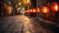 Enchanting Glow: Vibrant Red Lanterns Illuminate Cobblestone Path