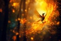 Enchanting golden bird in mystical bokeh lights on vibrant background with copy space Royalty Free Stock Photo
