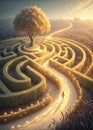Enchanting golden maze journey with soft threads and illuminated pathway