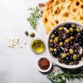 Enchanting Greek Cuisine Flat Lay with Olives and Feta Royalty Free Stock Photo