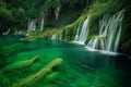 Enchanting Green Waterfall Oasis with Lush Foliage. Royalty Free Stock Photo