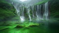 Enchanting Green Waterfall Oasis in Lush Landscape Royalty Free Stock Photo